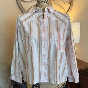New POL Oversized Cream Button Down Shirt with Pink and Tan Strips
